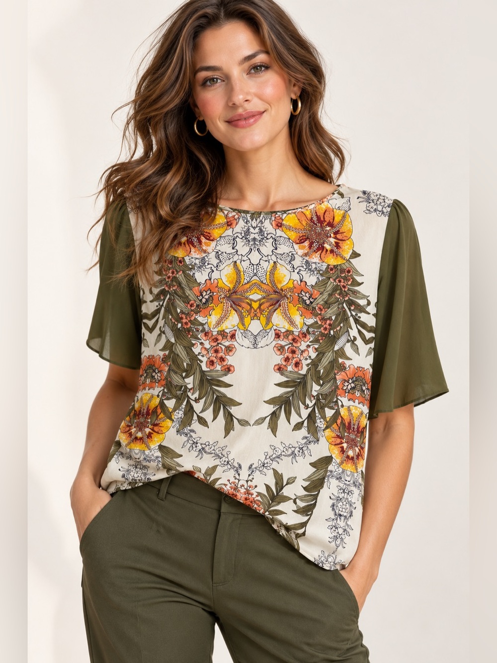 Massimo Dutti 100% Mulberry Silk Floral Blouse Olive Green Statement Top Size 8